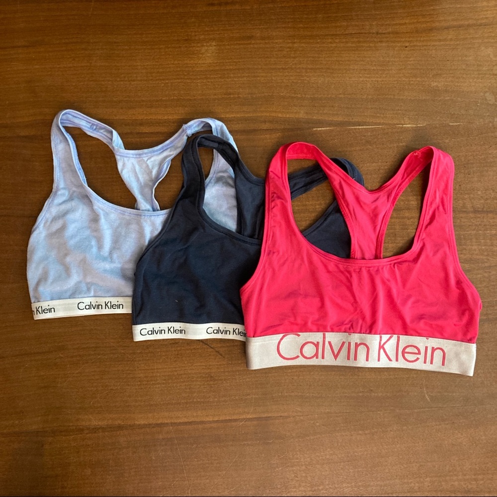Lot of 3 Calvin Klein Sports Bras | Small | Navy, Light Blue, and Hot Pink | GUC